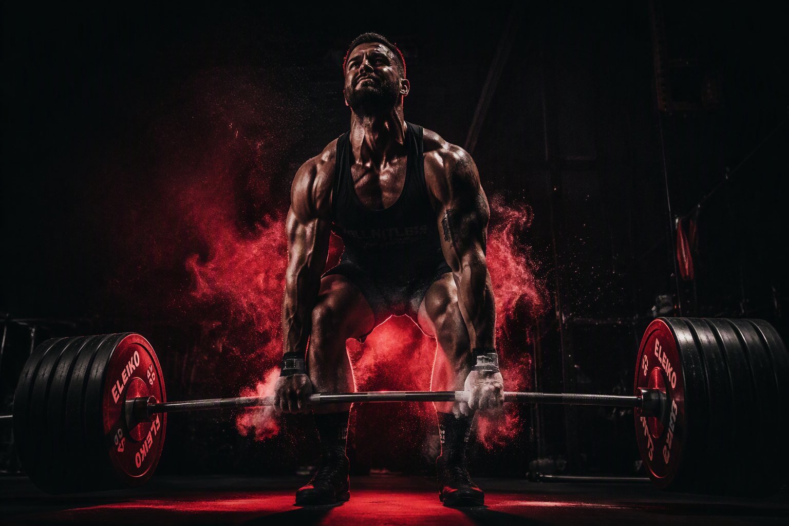 Athlete mid deadlift, chalk dust in red light